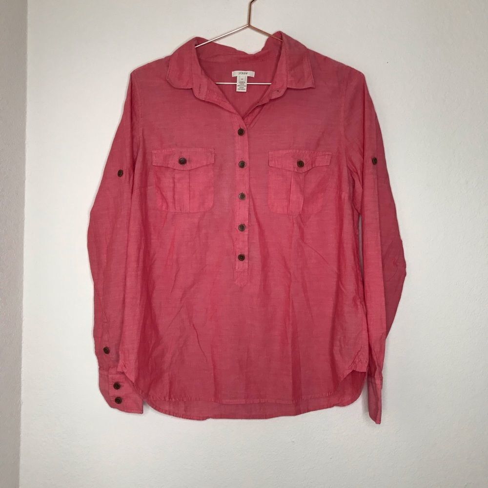 J crew red half button‎ down blouse